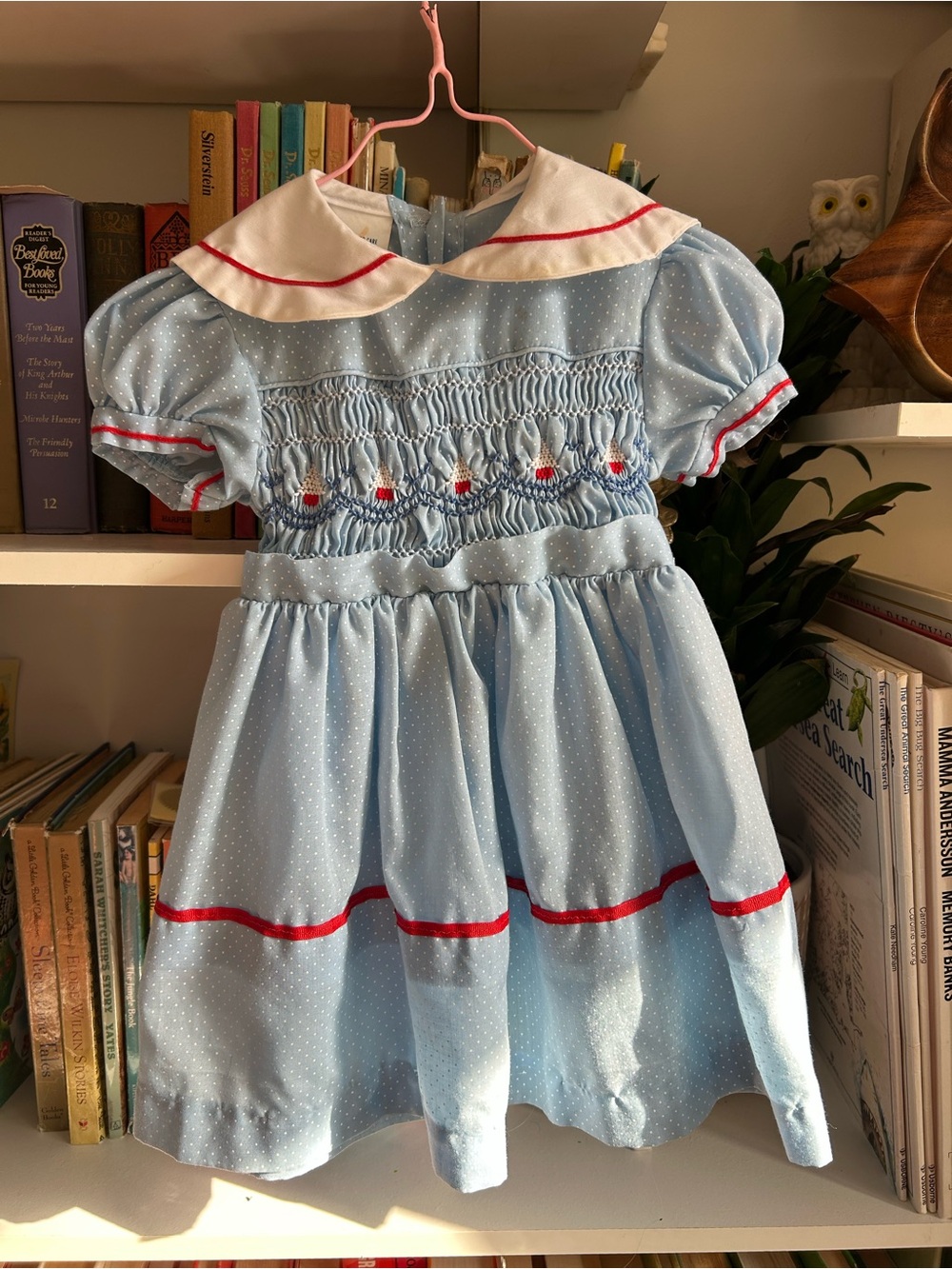 Classic Light Blue Smocked Kids Dress with Red Trim